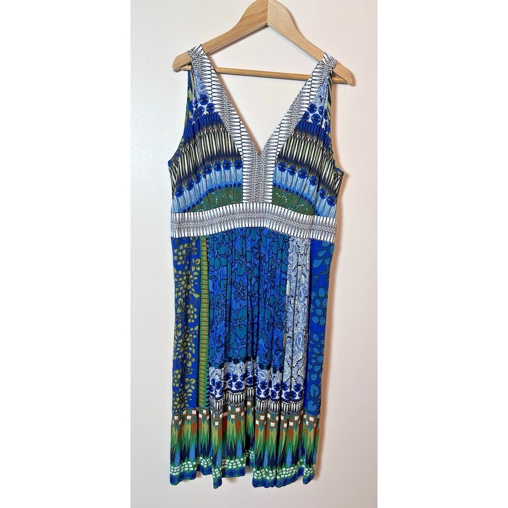 Bila Dress Medium‎ Blue Green Peacock Tribal Boho Sundress Empire Waist Midi